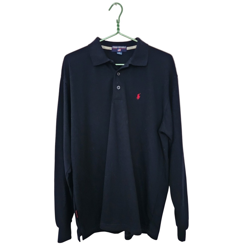 ☘️ Polo Sport Ralph Lauren Mens XXL Black Long Sleeve Cotton Pique Polo Shirt